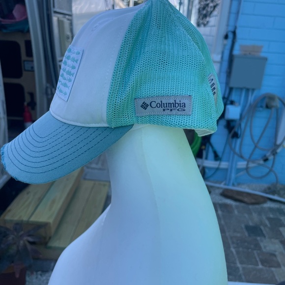 Blue and White Trucker Hat with Fish Flag Patch distressed look. - Picture 4 of 6